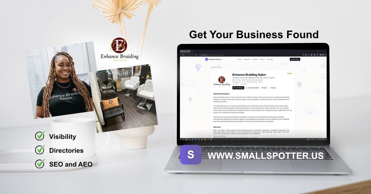A laptop on a table with the Enhance Braiding Salon listing on SmallSpotter website. To the left is a snap shot of Owner Tyvon and a view of her salon with salon chairs.
